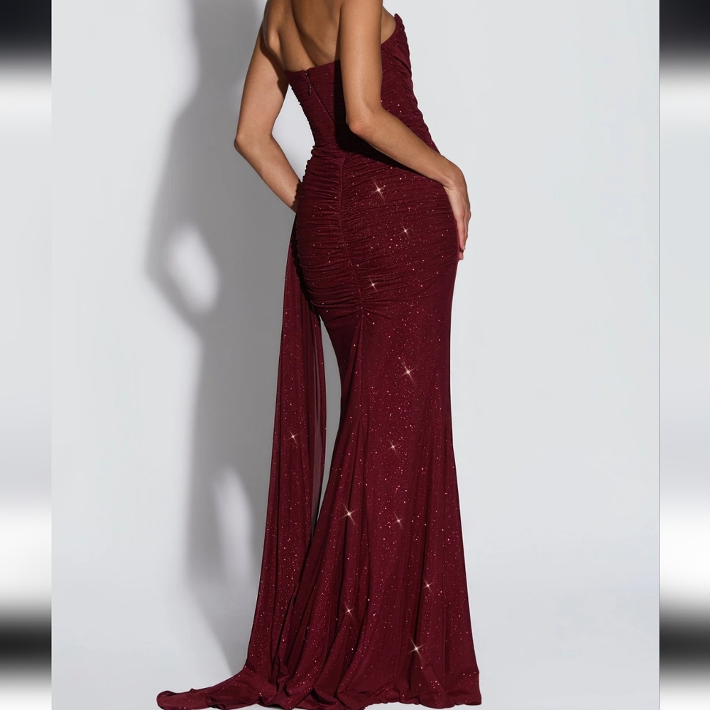Strapless Burgundy Sparkle Evening Gown - Picture 5 of 9